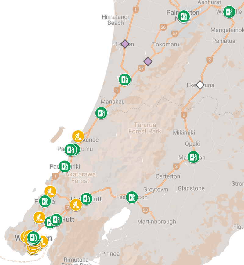 Charging locations near Wellington (green icon). Under construction (yellow icon)